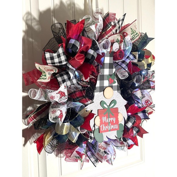 Handmade Merry Christmas Gnome Holiday Ribbon Door Wreath 22 ins W46 - Picture 3 of 11